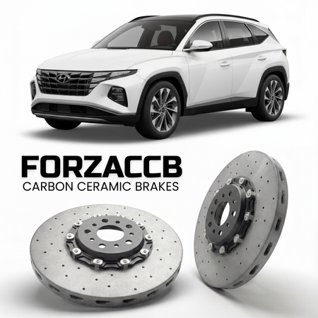 ForzaCCB direct OEM replacement carbon ceramic brake rotors for 2022 to 2026 Hyundai Tucson Plug-In Hybrid models, shown with a white Hyundai Tucson Plug-In Hybrid car.