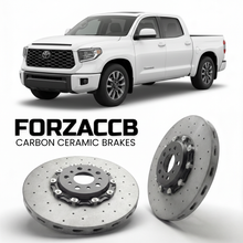 ForzaCCB direct OEM replacement carbon ceramic brake rotors for 2022 and newer Toyota Tundra XK70 models, shown with a white Toyota Tundra car.