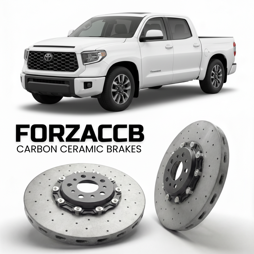 ForzaCCB direct OEM replacement carbon ceramic brake rotors for 2022 and newer Toyota Tundra XK70 models, shown with a white Toyota Tundra car.