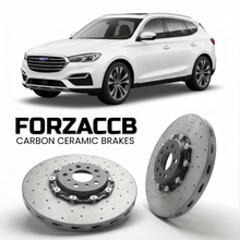 ForzaCCB direct OEM replacement carbon ceramic brake rotors for 2019 to 2021 Exeed TX/TXL models, shown with a white Exeed TX/TXL car.