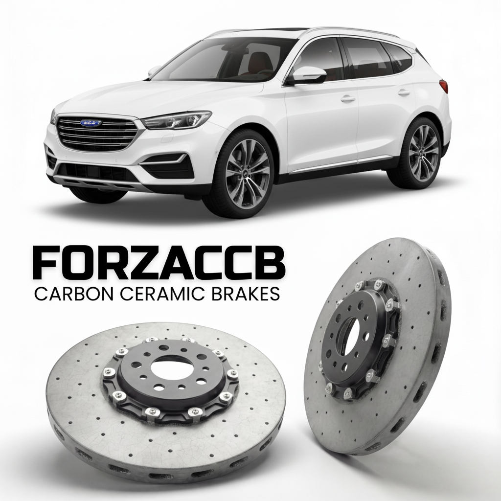 ForzaCCB direct OEM replacement carbon ceramic brake rotors for 2019 to 2021 Exeed TX/TXL models, shown with a white Exeed TX/TXL car.
