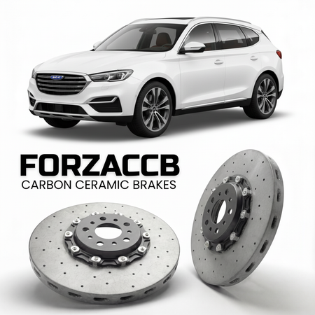 ForzaCCB direct OEM replacement carbon ceramic brake rotors for 2019 to 2021 Exeed TX/TXL models, shown with a white Exeed TX/TXL car.