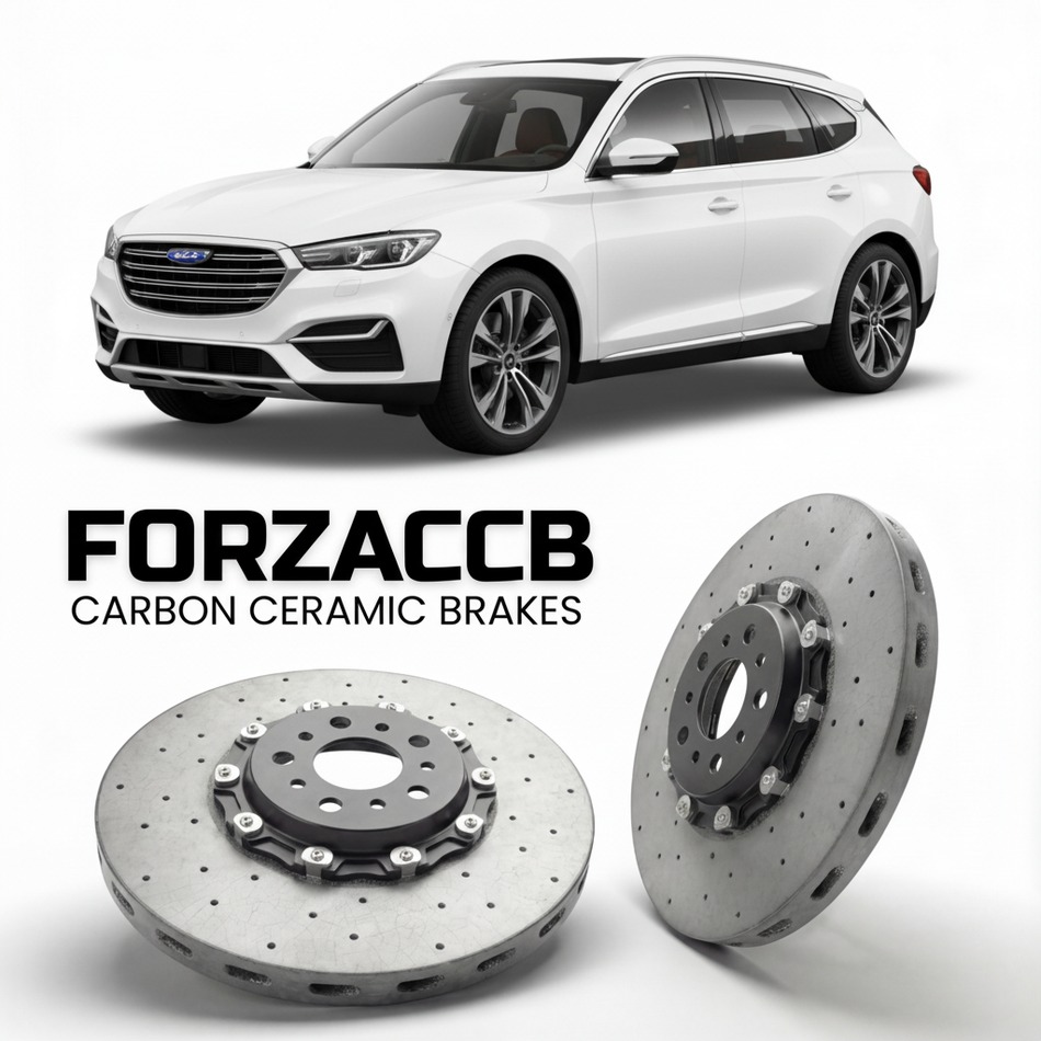 ForzaCCB direct OEM replacement carbon ceramic brake rotors for 2019 to 2021 Exeed TX/TXL models, shown with a white Exeed TX/TXL car.