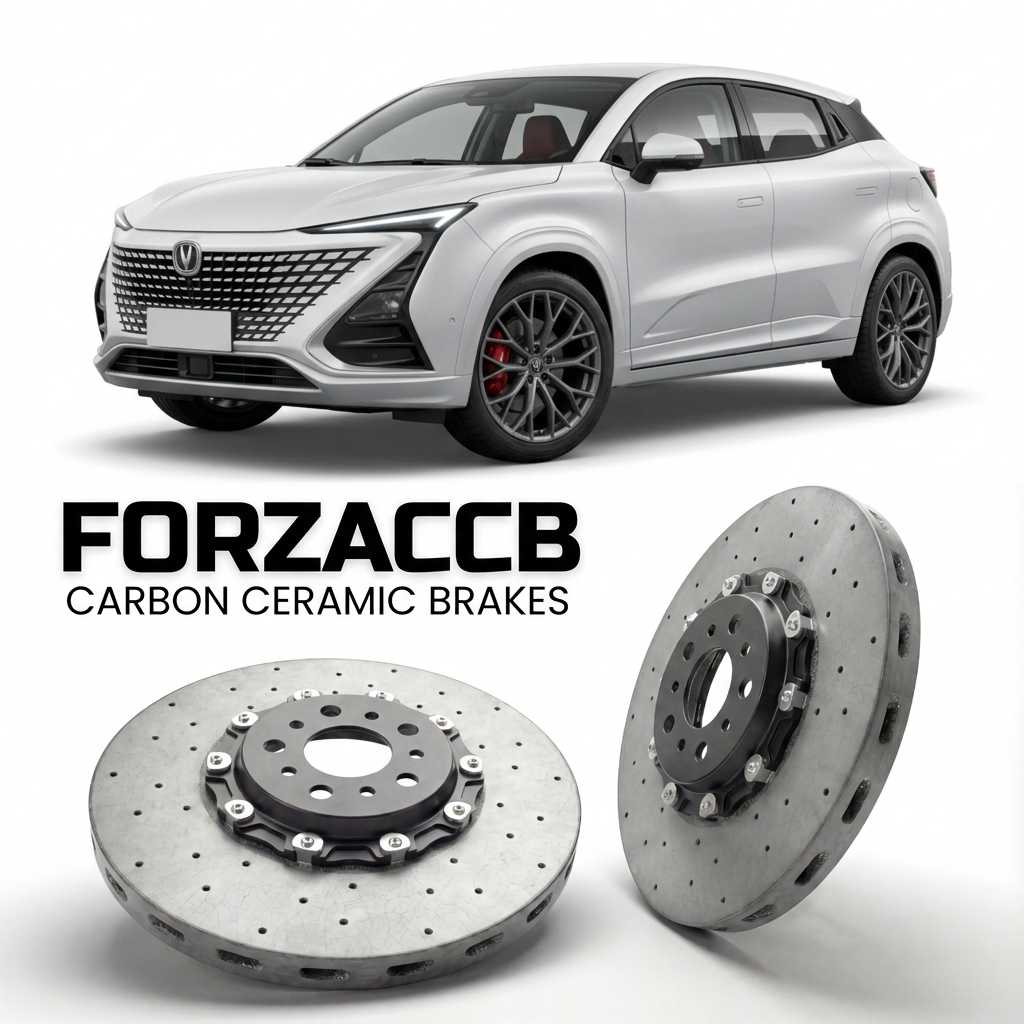 ForzaCCB direct OEM replacement carbon ceramic brake rotors for 2020 and newer ChangAn UNI-T models, shown with a white ChangAn UNI-T car.