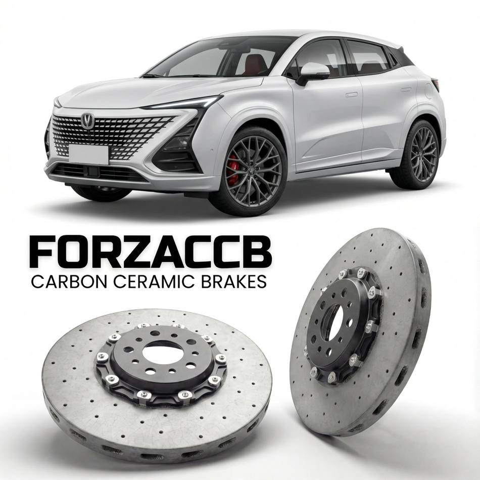 ForzaCCB direct OEM replacement carbon ceramic brake rotors for 2020 and newer ChangAn UNI-T models, shown with a white ChangAn UNI-T car.