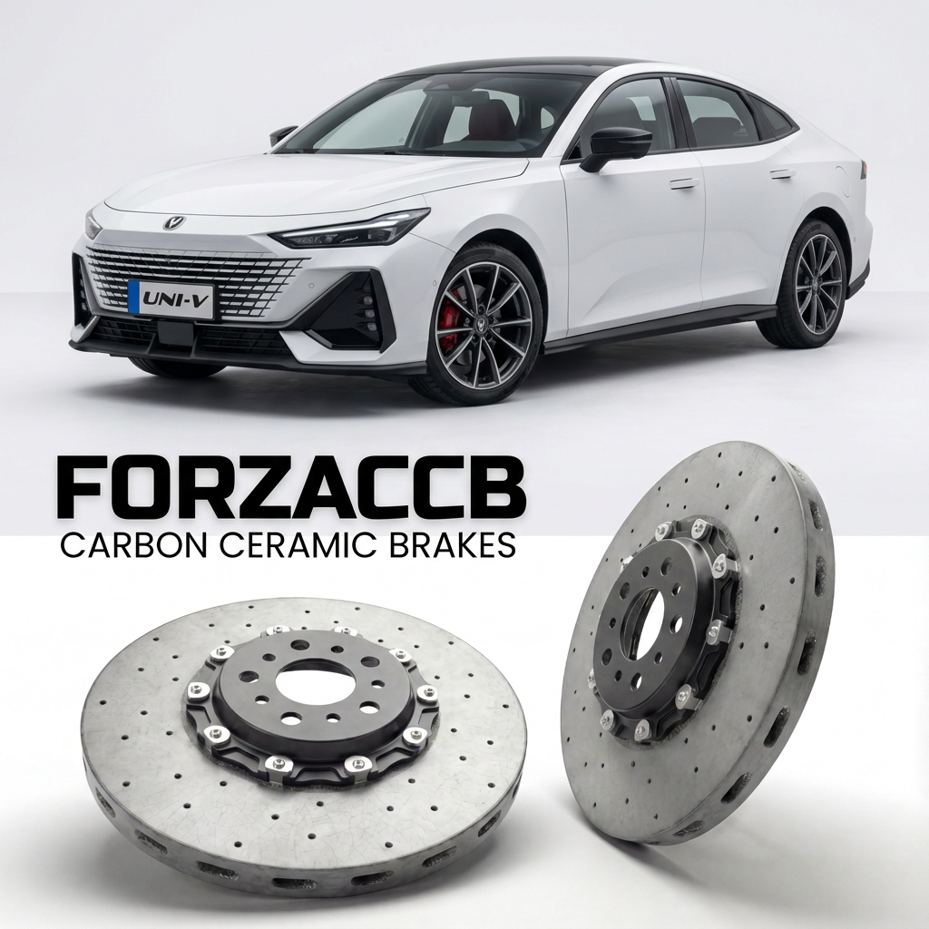 ForzaCCB direct OEM replacement carbon ceramic brake rotors for 2022 to 2024 ChangAn UNI-V models, shown with a white ChangAn UNI-V car.