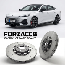 ForzaCCB direct OEM replacement carbon ceramic brake rotors for 2022 to 2024 ChangAn UNI-V models, shown with a white ChangAn UNI-V car.