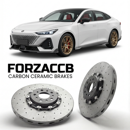 ForzaCCB direct OEM replacement carbon ceramic brake rotors for 2024 and newer ChangAn UNI-V II models, shown with a white ChangAn UNI-V car.
