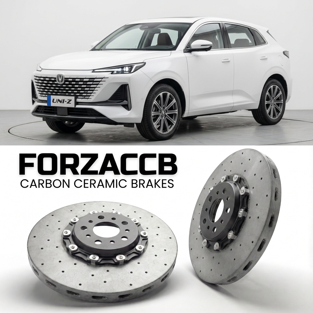ForzaCCB direct OEM replacement carbon ceramic brake rotors for 2024 and newer ChangAn UNI-Z models, shown with a white ChangAn UNI-Z car.