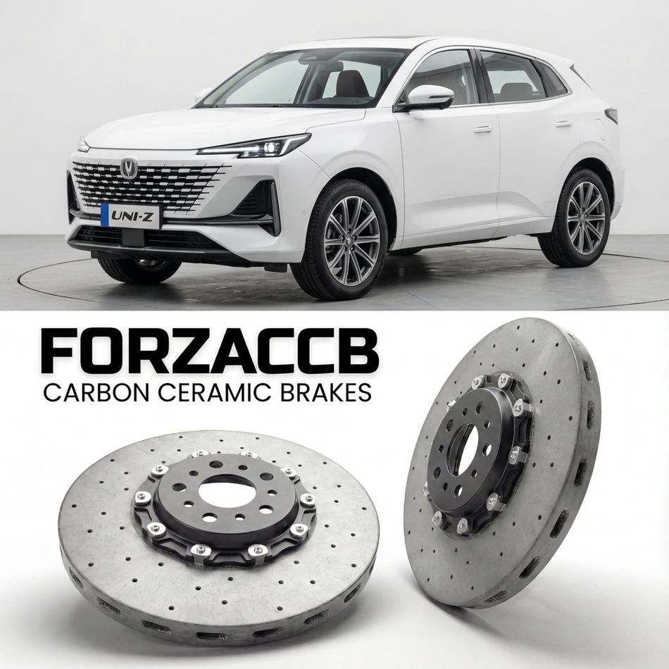 ForzaCCB direct OEM replacement carbon ceramic brake rotors for 2024 and newer ChangAn UNI-Z models, shown with a white ChangAn UNI-Z car.