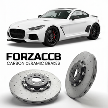 ForzaCCB direct OEM replacement carbon ceramic brake rotors for - Westfield Upgrade models, shown with a white Westfield Upgrade car.