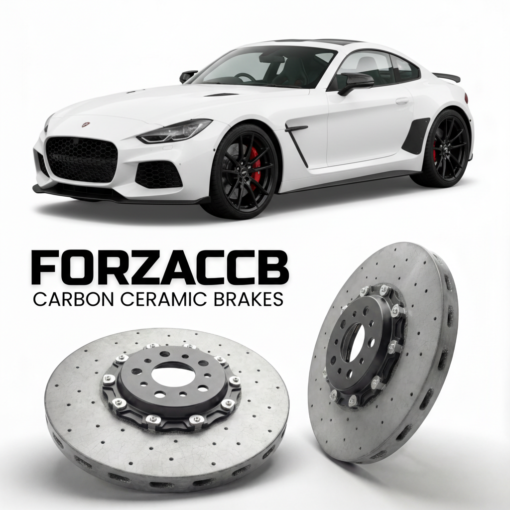 ForzaCCB direct OEM replacement carbon ceramic brake rotors for - Westfield Upgrade models, shown with a white Westfield Upgrade car.