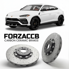 ForzaCCB direct OEM replacement carbon ceramic brake rotors for 2018 to 2022 Lamborghini Urus models, shown with a white Lamborghini Urus car.
