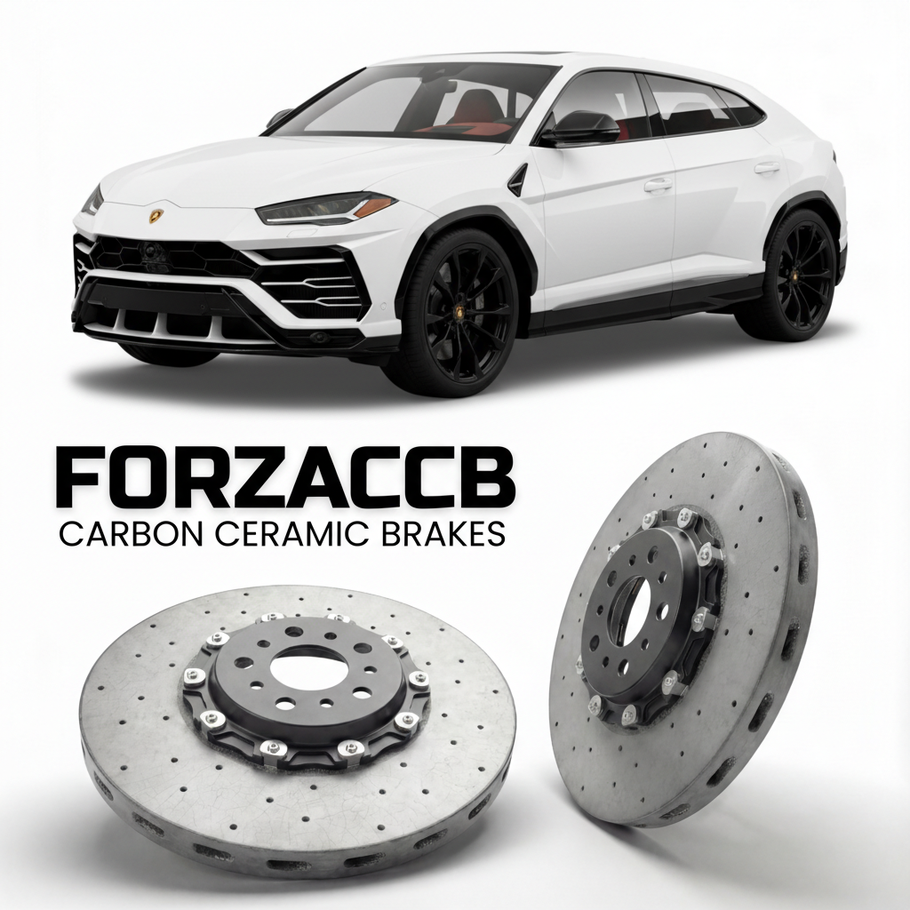 ForzaCCB direct OEM replacement carbon ceramic brake rotors for 2018 to 2022 Lamborghini Urus models, shown with a white Lamborghini Urus car.