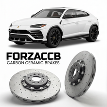 ForzaCCB direct OEM replacement carbon ceramic brake rotors for 2022 and newer Lamborghini Urus Performante models, shown with a white Lamborghini Urus Performante car.