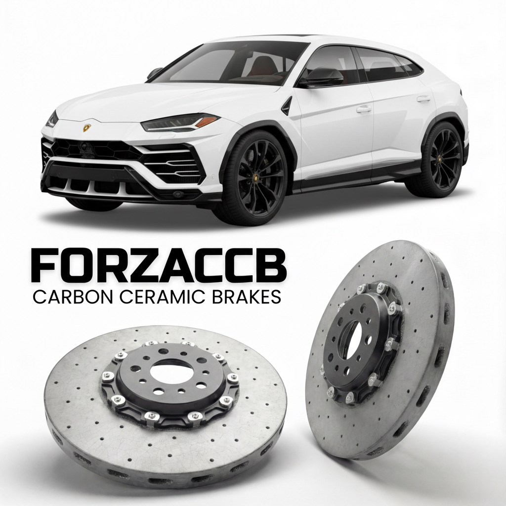 ForzaCCB direct OEM replacement carbon ceramic brake rotors for 2022 and newer Lamborghini Urus Performante models, shown with a white Lamborghini Urus Performante car.