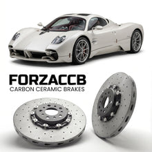 ForzaCCB direct OEM replacement carbon ceramic brake rotors for 2022 and newer Pagani Utopia models, shown with a white Pagani Utopia car.