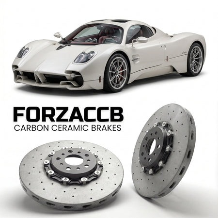 ForzaCCB direct OEM replacement carbon ceramic brake rotors for 2022 and newer Pagani Utopia models, shown with a white Pagani Utopia car.