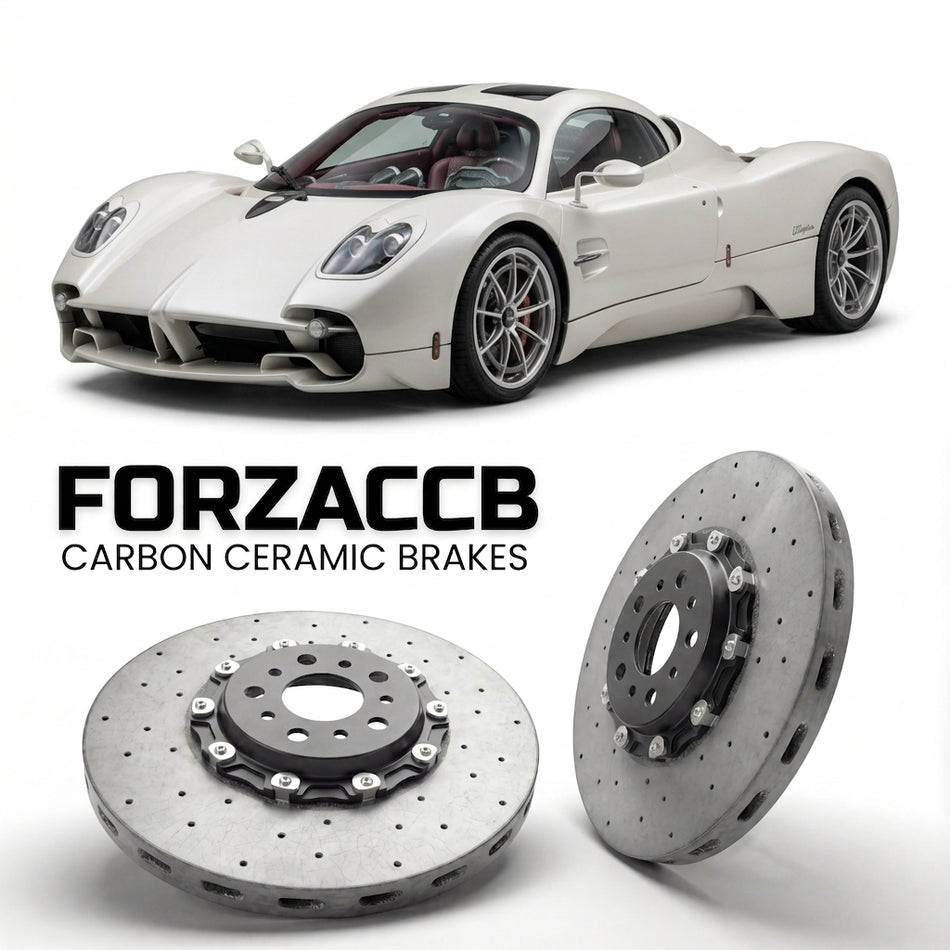 ForzaCCB direct OEM replacement carbon ceramic brake rotors for 2022 and newer Pagani Utopia models, shown with a white Pagani Utopia car.