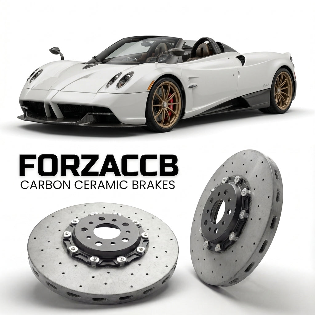 ForzaCCB direct OEM replacement carbon ceramic brake rotors for 2024 and newer Pagani Utopia Roadster models, shown with a white Pagani Utopia car.