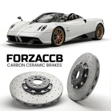 ForzaCCB direct OEM replacement carbon ceramic brake rotors for 2024 and newer Pagani Utopia Roadster models, shown with a white Pagani Utopia car.