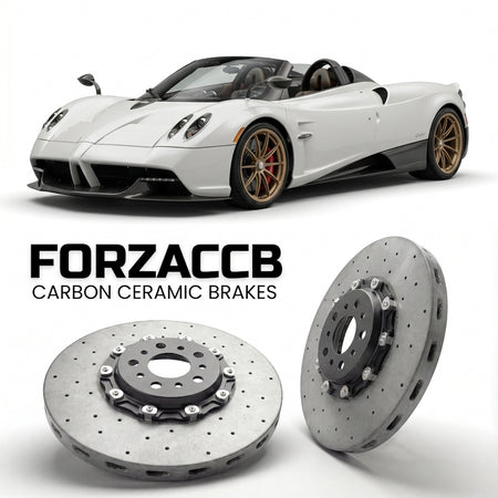 ForzaCCB direct OEM replacement carbon ceramic brake rotors for 2024 and newer Pagani Utopia Roadster models, shown with a white Pagani Utopia car.