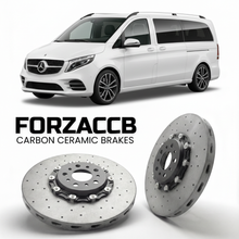 ForzaCCB direct OEM replacement carbon ceramic brake rotors for 2019 to 2023 Mercedes-Benz V-Class W447 facelift models, shown with a white Mercedes-Benz V-Class car.