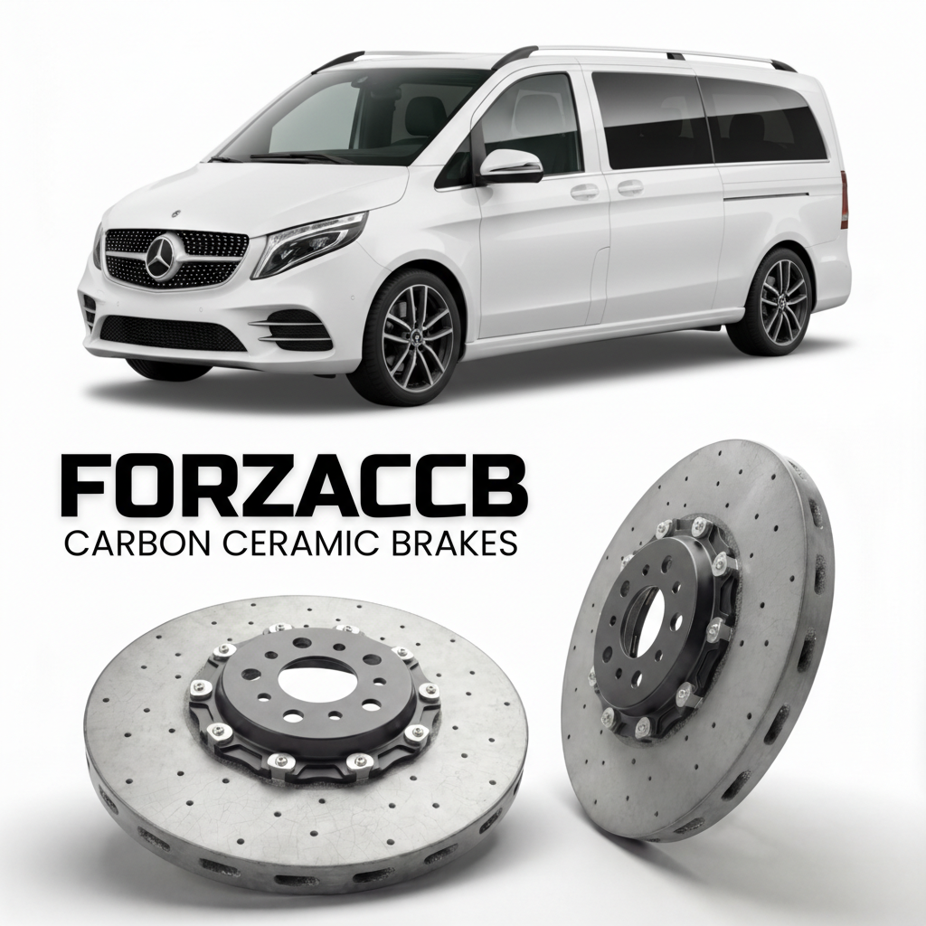 ForzaCCB direct OEM replacement carbon ceramic brake rotors for 2019 to 2023 Mercedes-Benz V-Class W447 facelift models, shown with a white Mercedes-Benz V-Class car.