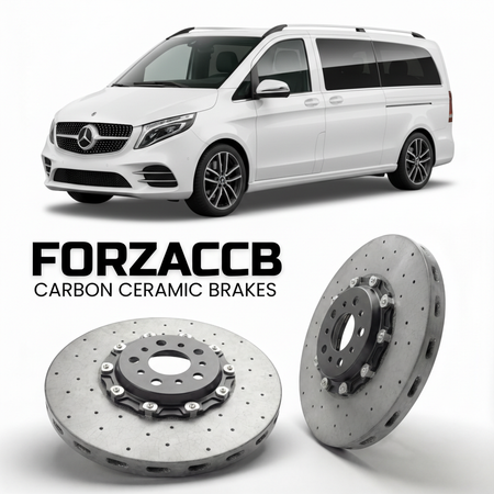 ForzaCCB direct OEM replacement carbon ceramic brake rotors for 2019 to 2023 Mercedes-Benz V-Class W447 facelift models, shown with a white Mercedes-Benz V-Class car.