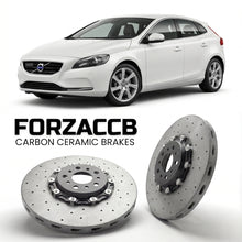 ForzaCCB direct OEM replacement carbon ceramic brake rotors for 2012 to 2016 Volvo V40 2012 models, shown with a white Volvo V40 car.
