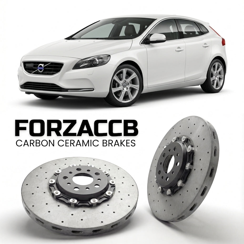 ForzaCCB direct OEM replacement carbon ceramic brake rotors for 2012 to 2016 Volvo V40 2012 models, shown with a white Volvo V40 car.