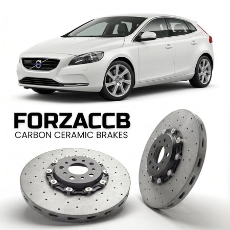 ForzaCCB direct OEM replacement carbon ceramic brake rotors for 2012 to 2016 Volvo V40 2012 models, shown with a white Volvo V40 car.