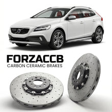 ForzaCCB direct OEM replacement carbon ceramic brake rotors for 2013 to 2016 Volvo V40 Cross Country models, shown with a white Volvo V40 car.