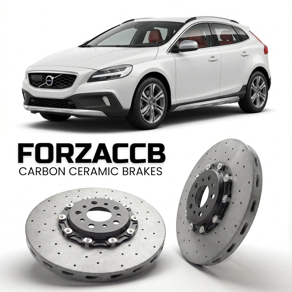 ForzaCCB direct OEM replacement carbon ceramic brake rotors for 2013 to 2016 Volvo V40 Cross Country models, shown with a white Volvo V40 car.