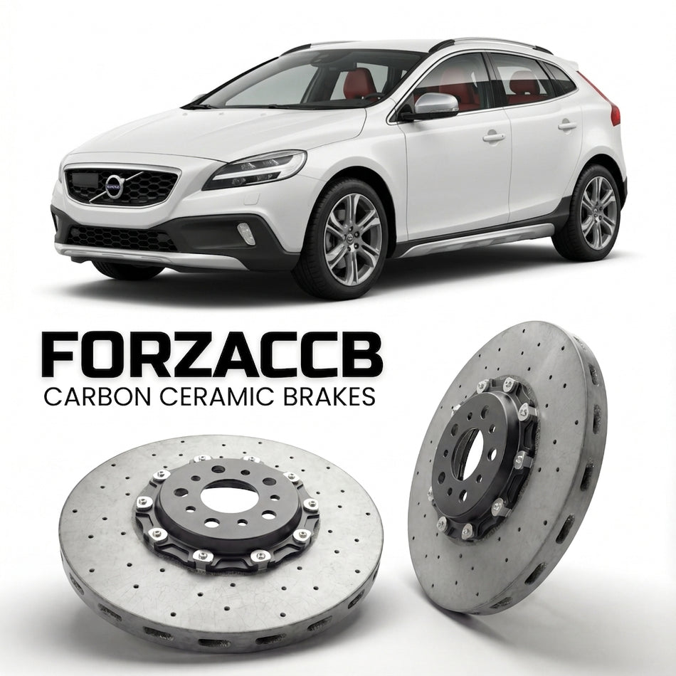 ForzaCCB direct OEM replacement carbon ceramic brake rotors for 2013 to 2016 Volvo V40 Cross Country models, shown with a white Volvo V40 car.