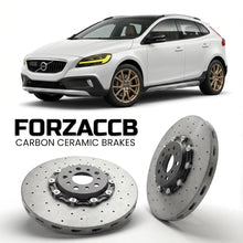 ForzaCCB direct OEM replacement carbon ceramic brake rotors for 2016-2020) Volvo V40 Cross Country (facelift 2016 models, shown with a white Volvo V40 car.