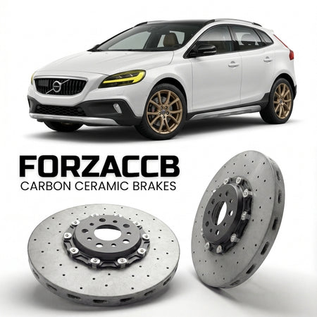 ForzaCCB direct OEM replacement carbon ceramic brake rotors for 2016-2020) Volvo V40 Cross Country (facelift 2016 models, shown with a white Volvo V40 car.