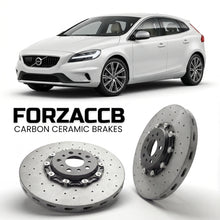 ForzaCCB direct OEM replacement carbon ceramic brake rotors for 2016 to 2020 Volvo V40 facelift 2016 models, shown with a white Volvo V40 car.