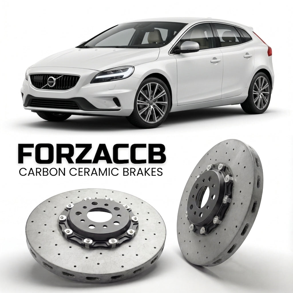 ForzaCCB direct OEM replacement carbon ceramic brake rotors for 2016 to 2020 Volvo V40 facelift 2016 models, shown with a white Volvo V40 car.