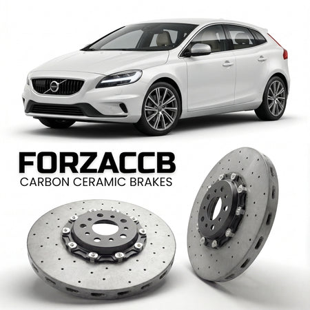 ForzaCCB direct OEM replacement carbon ceramic brake rotors for 2016 to 2020 Volvo V40 facelift 2016 models, shown with a white Volvo V40 car.
