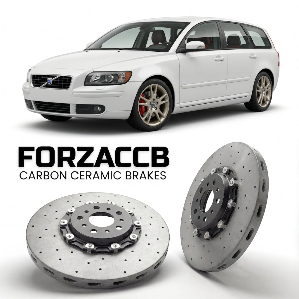 ForzaCCB direct OEM replacement carbon ceramic brake rotors for 2005 to 2007 Volvo V50 models, shown with a white Volvo V50 car.