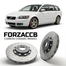 ForzaCCB direct OEM replacement carbon ceramic brake rotors for 2005 to 2007 Volvo V50 models, shown with a white Volvo V50 car.