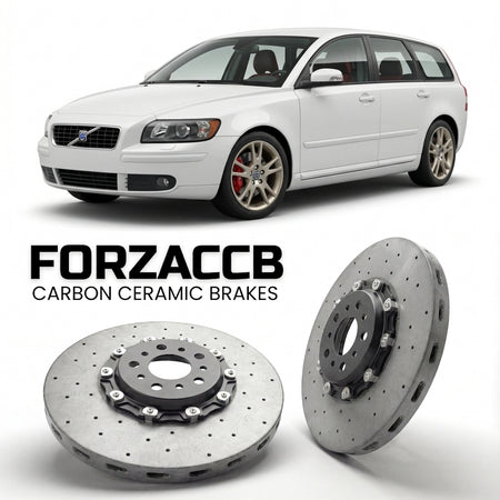 ForzaCCB direct OEM replacement carbon ceramic brake rotors for 2005 to 2007 Volvo V50 models, shown with a white Volvo V50 car.