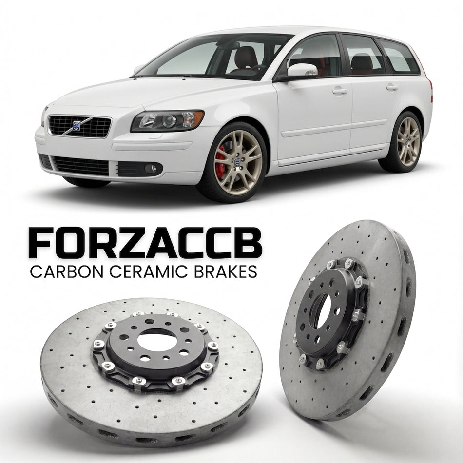 ForzaCCB direct OEM replacement carbon ceramic brake rotors for 2005 to 2007 Volvo V50 models, shown with a white Volvo V50 car.