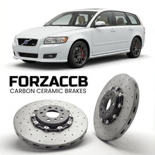 ForzaCCB direct OEM replacement carbon ceramic brake rotors for 2007 to 2012 Volvo V50 facelift 2007 models, shown with a white Volvo V50 car.