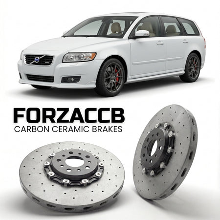 ForzaCCB direct OEM replacement carbon ceramic brake rotors for 2007 to 2012 Volvo V50 facelift 2007 models, shown with a white Volvo V50 car.