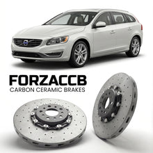 ForzaCCB direct OEM replacement carbon ceramic brake rotors for 2010 to 2015 Volvo V60 I models, shown with a white Volvo V60 car.