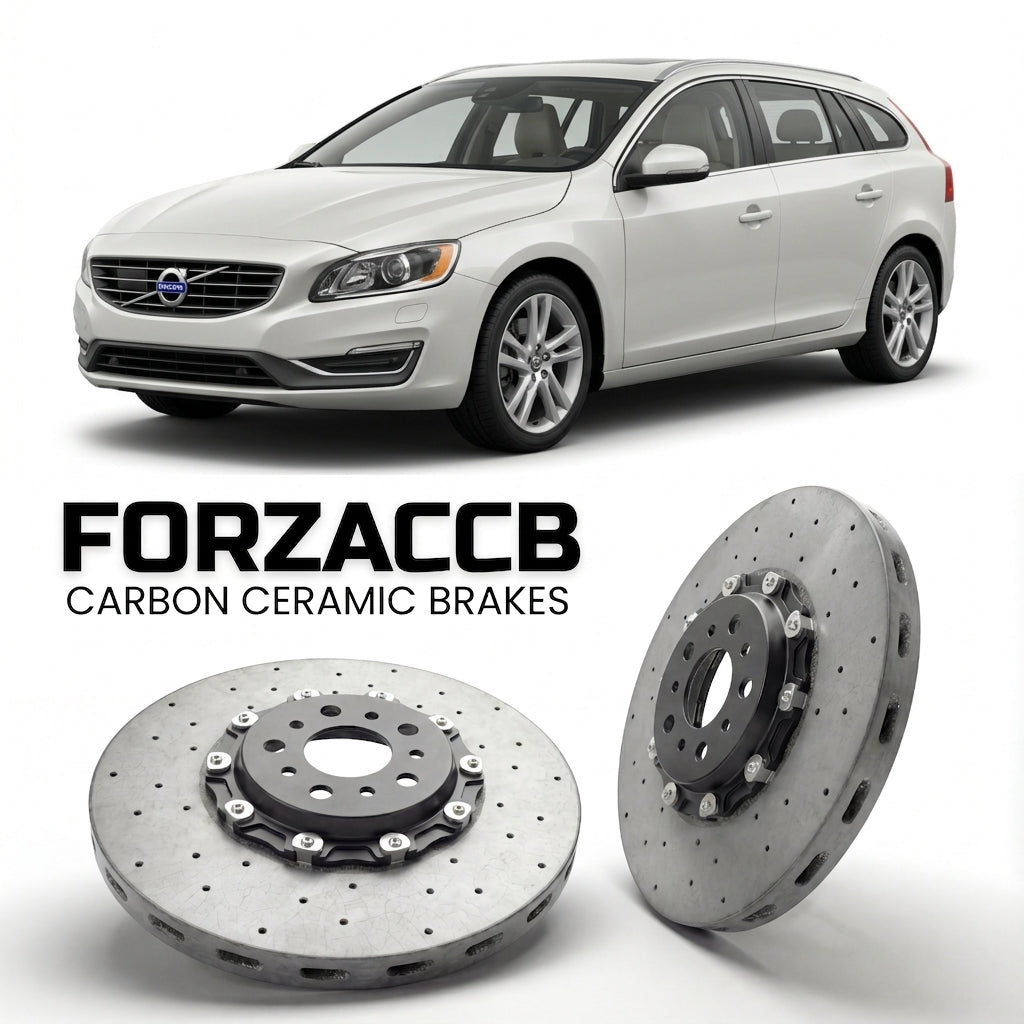ForzaCCB direct OEM replacement carbon ceramic brake rotors for 2010 to 2015 Volvo V60 I models, shown with a white Volvo V60 car.