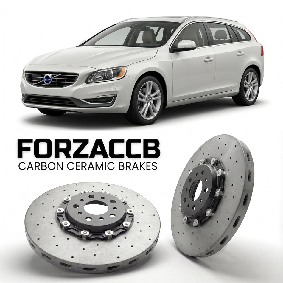 ForzaCCB direct OEM replacement carbon ceramic brake rotors for 2010 to 2015 Volvo V60 I models, shown with a white Volvo V60 car.