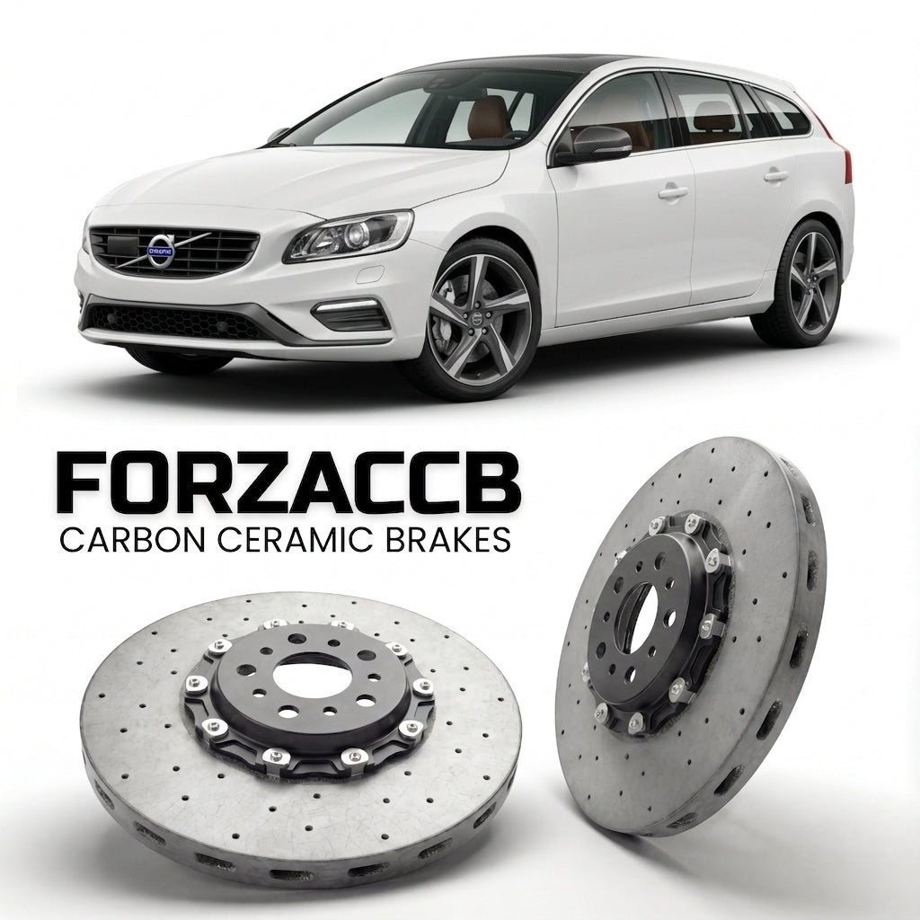 ForzaCCB direct OEM replacement carbon ceramic brake rotors for 2013-2018) Volvo V60 I (2013 facelift models, shown with a white Volvo V60 car.
